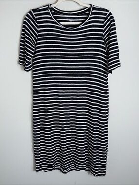 Eileen Fisher 100% Organic Linen Short Sleeve T Shirt Dress-Black White-Size XS